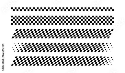 Race flag lines set. Black and white checker finish ribbon. Car race check grid pattern. Rally border abstract texture. Graphic design element. Vector illustration isolated on white background.
