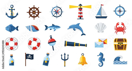 Collection of nautical themed icons representing various marine elements and symbols.