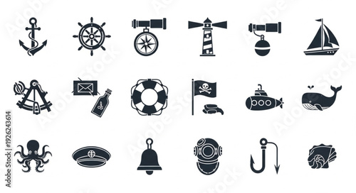 Collection of nautical themed icons representing various maritime elements and symbols.