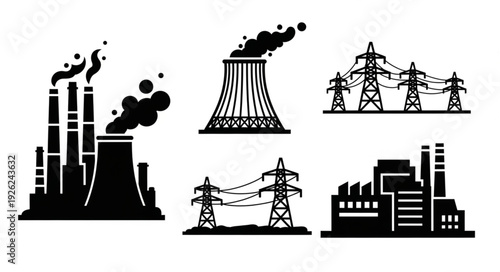 Black silhouettes of power plants and transmission towers, energy production.