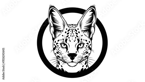 Serval Cat Head Portrait, Wild Animal, Black and White, Circular Emblem