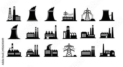 Industrial factory silhouettes representing power plants and energy production.