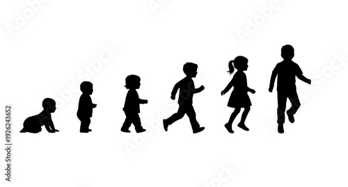 Growing Up Children Silhouette Timeline Vector Set Baby to Kid Development Isolated on White EPS 10
