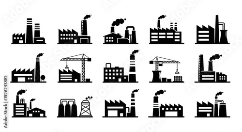 Industrial factory silhouettes representing manufacturing and production plants in black and white.