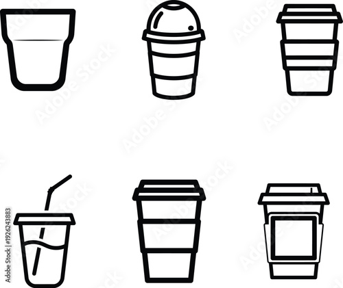 black and white illustrations of disposable cups with lids and straws for drinks