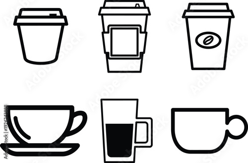 Black and white coffee and tea cups and mugs icons