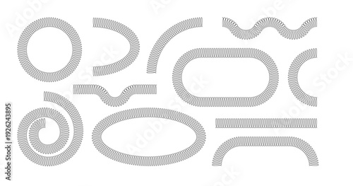 Spiral spring set. Metal wire coil spring icon collection. Thin zigzag waves symbol. Flexible coil shapes. Loop line pattern. Vector illustration isolated on white background. 