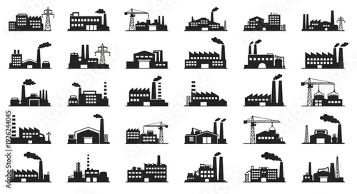 Industrial factory silhouettes representing manufacturing and production facilities in various designs.