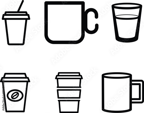 black and white line drawing of various cups and mugs for hot and cold drinks