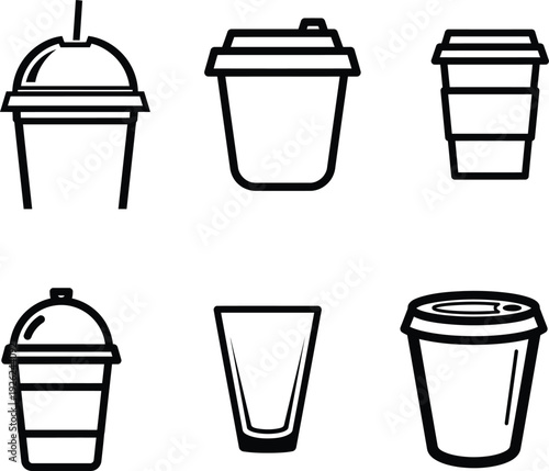 black and white illustrations of disposable drink cups with and without lids
