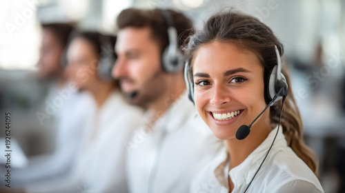 Cheerful Female Call Center Agent with Headset Smiling Directly at Camera in a Bright Modern Office Setting