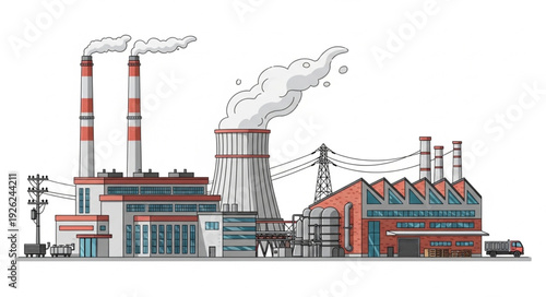 Industrial complex illustration depicting power plant and pollution emissions into the atmosphere.