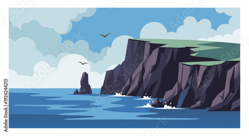 Beautiful vector illustration of dramatic coastal cliffs meeting the ocean with birds flying overhead