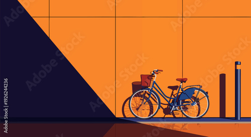 Vibrant Orange Wall with a Blue Bicycle parked against it, Minimalist Vector Illustration