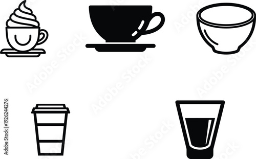 Collection of coffee and tea cup icons in various styles and types