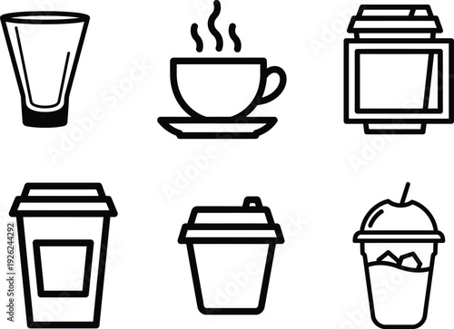 Black and white line drawings of various coffee and tea cups and containers