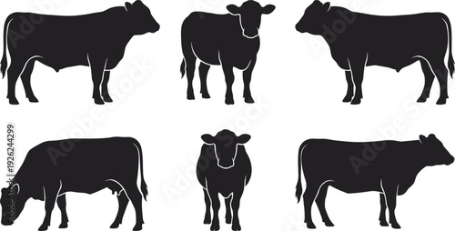 Cow silhouette set vector illustration, black farm animal poses standing grazing front view for agriculture, dairy, livestock, and nature
