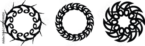 Three black and white circular ornamental border designs