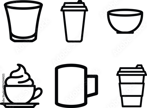 Line art of various coffee and tea cups and mugs  simple black and white outline style