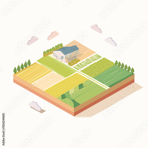 Isometric farm landscape illustration with a country house and patchwork fields of crops