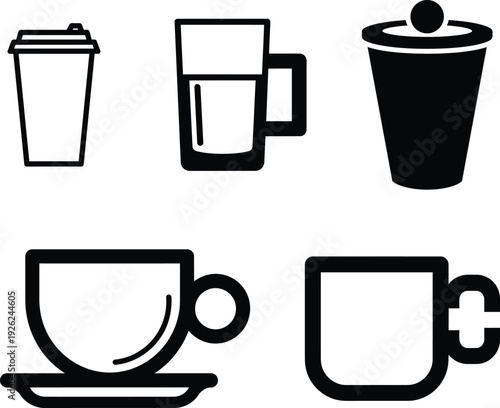 set of coffee and tea cups icons in black and white colors