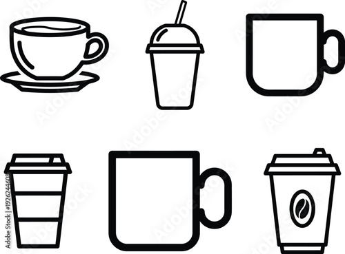 set of coffee and tea cups and mugs with saucers and lids