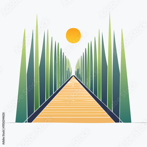 Stylized Path Leading Towards a Bright Sun, Representing a Journey of Growth and New Beginnings in an Abstract Landscape Design