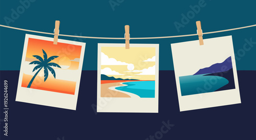 Vector illustration of three polaroid photos with tropical beach and landscape scenes hanging on a clothesline