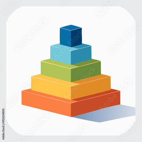 Isometric 3D stacked pyramid chart with five colorful layers for business hierarchy or growth concept