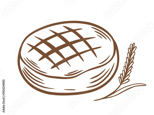 Round bread loaf in doodle sketch style. Hand drawn freshly baked bread with spike of wheat isolated on white background. Vector element