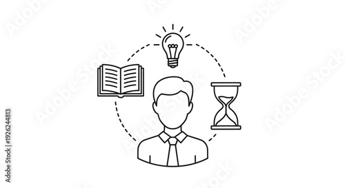 A businessman surrounded by symbols of time management and learning viewed from directly above