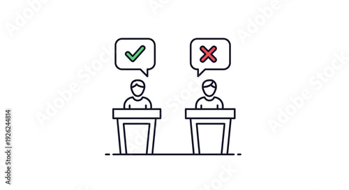 Two individuals at podiums with speech bubbles showing approval and disapproval during a debate or discussion event