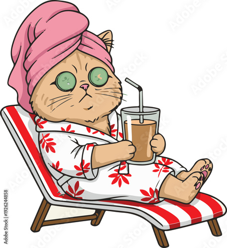 Photography Funny spa cat in bathrobe with cucumber slices and coffee relaxing on beach chai
