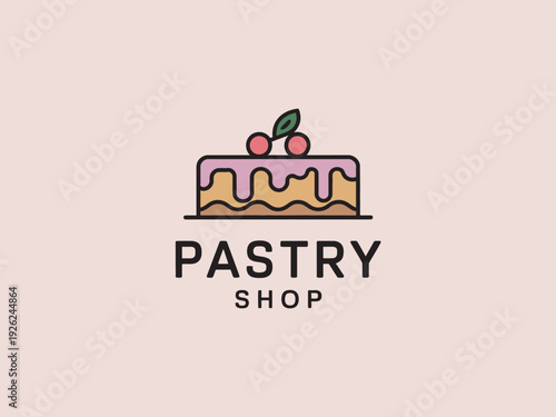 A colorful illustration of a pastry shop logo with a cake and cherries on top