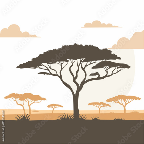 Savanna landscape with acacia trees and clouds during sunset, minimalist vector illustration