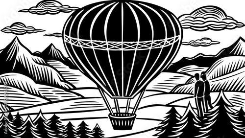 A vintage hot air balloon floating over a serene, forested landscape at dusk