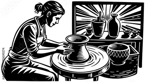 Traditional potter crafting a clay vessel by hand near a window