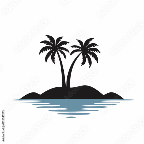 Silhouette of two palm trees on a tropical island with calm ocean water reflection vector illustration