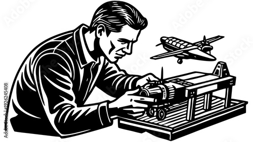 A focused individual working diligently on vintage typewriter with aviation elements nearby