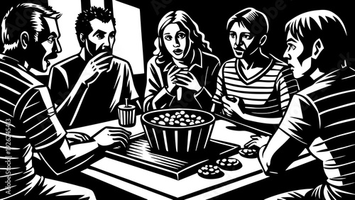 Ancient scholars gathered around a table in deep contemplation and discussion