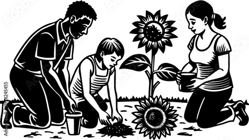 A group of people working together in a garden, tending to plants and soil.