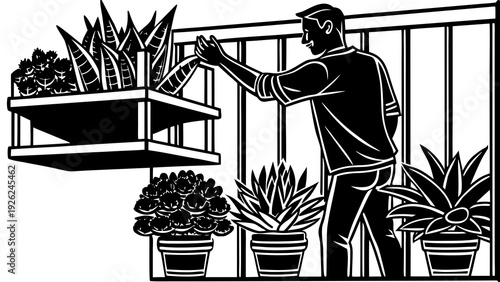 A gardener tending to a variety of potted plants indoors by a window.