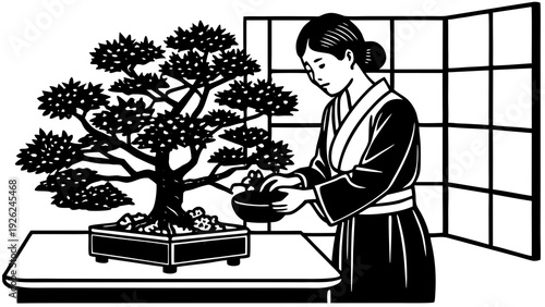 A person carefully tending to a beautifully pruned bonsai tree indoors.