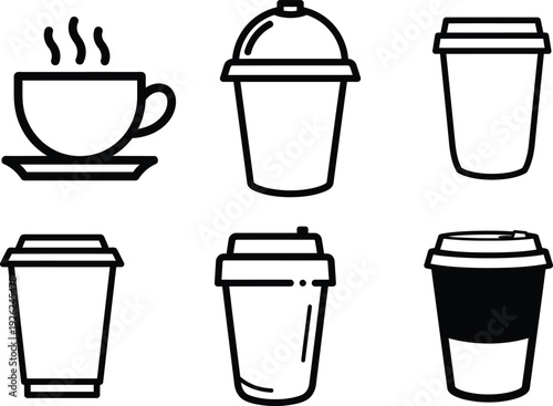 Six different types of coffee and tea cups and containers for hot beverages