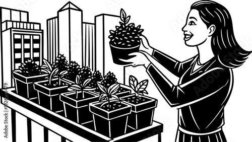 Woman tending to a community urban garden with fresh produce