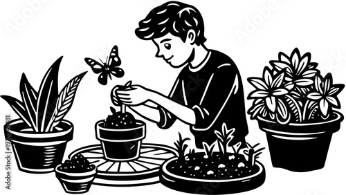 A person tending to potted plants with care and attention in a garden setting.