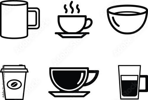 Various coffee and tea cups and mugs in simple line style illustrations