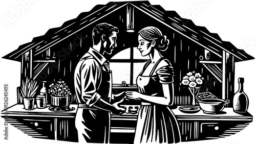 Two figures engaging in conversation beneath a rustic wooden structure