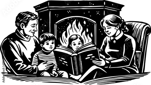 A vintage illustration of a family enjoying a cozy evening by the fireplace together with their children.