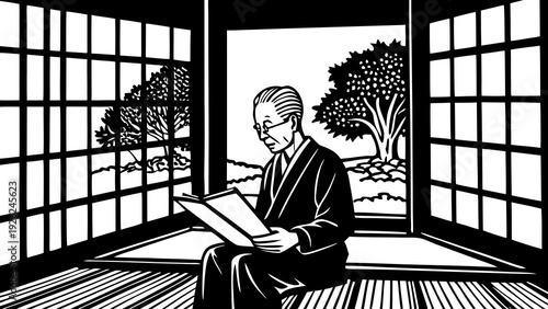 Serene moment of a person reading by an open window with traditional decor